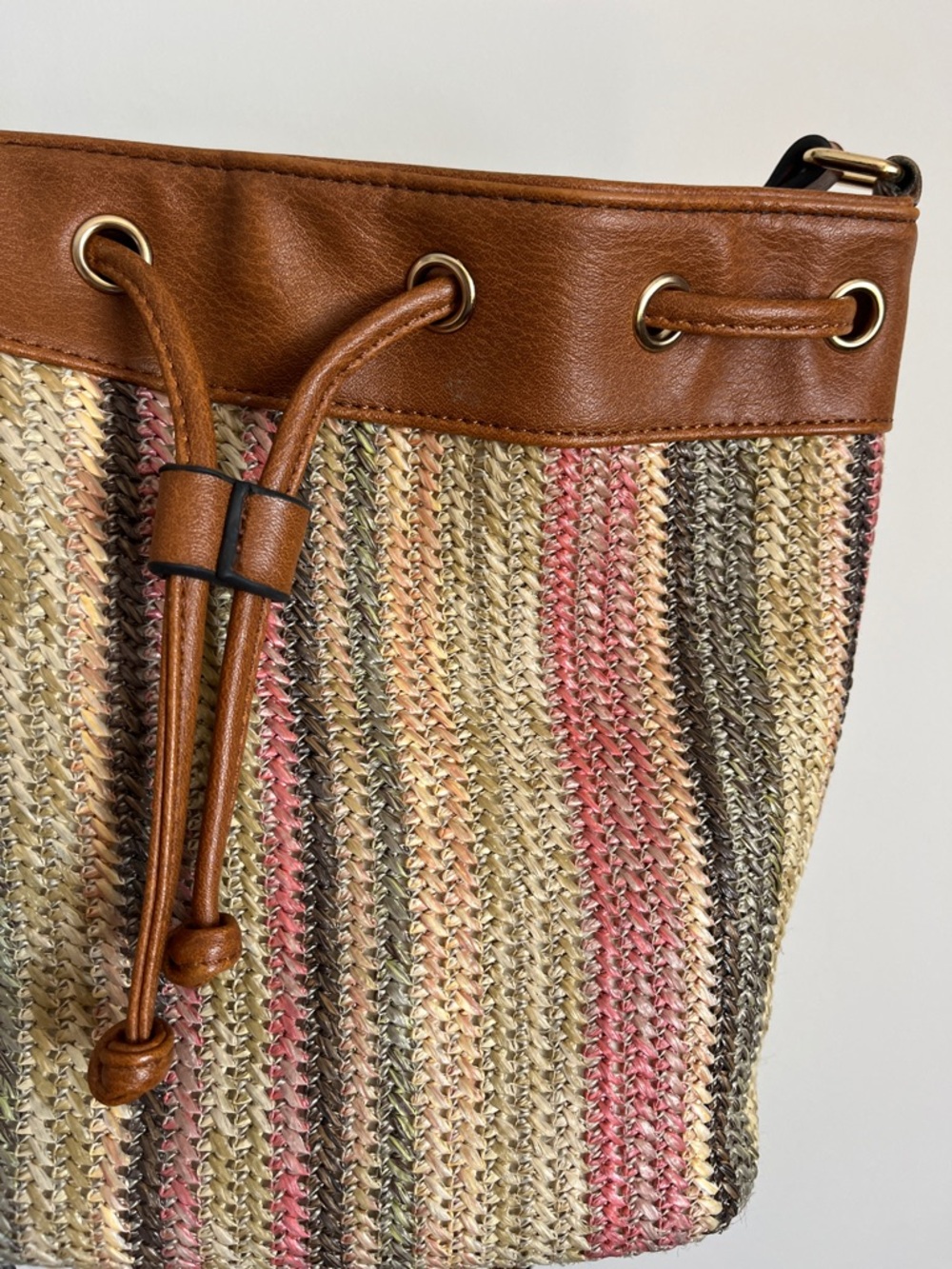 Straw Boho Bucket Bag - Multi Stripe- - Picture 9 of 9